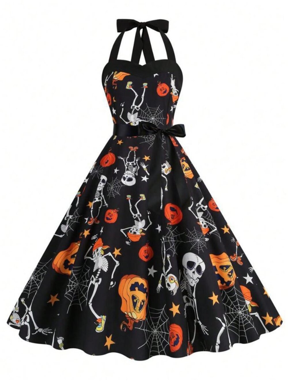 1pc Halloween New High Waist Slimming Halter Neck Midi Vintage Dress